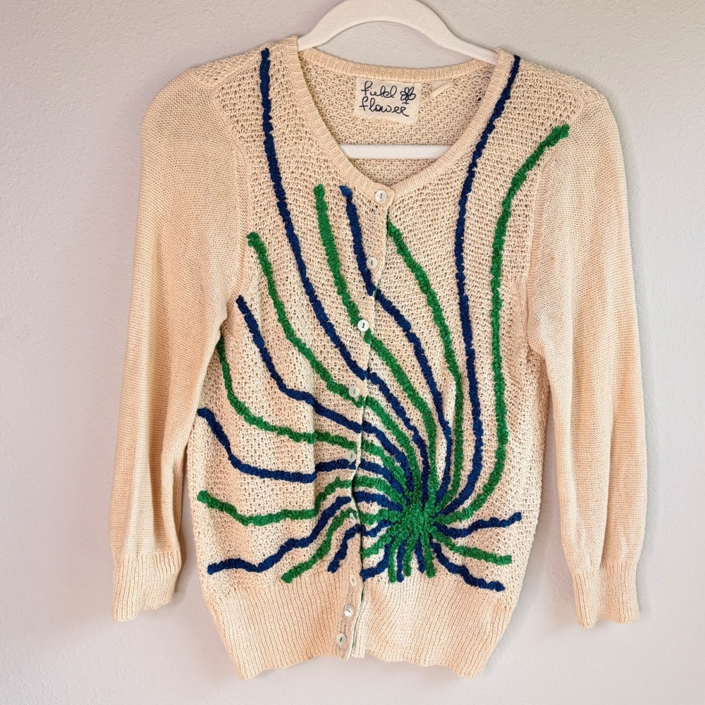 Anthropologie Field Flower Cream Cardigan Green and Blue Swirl Medium